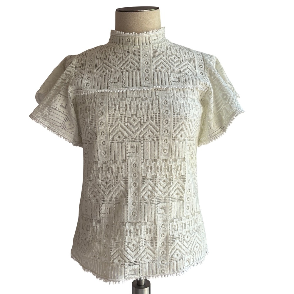 Miss Kelly 1999 White Lace Blouse Women L Boho Cottagecore Romantic Embroidered